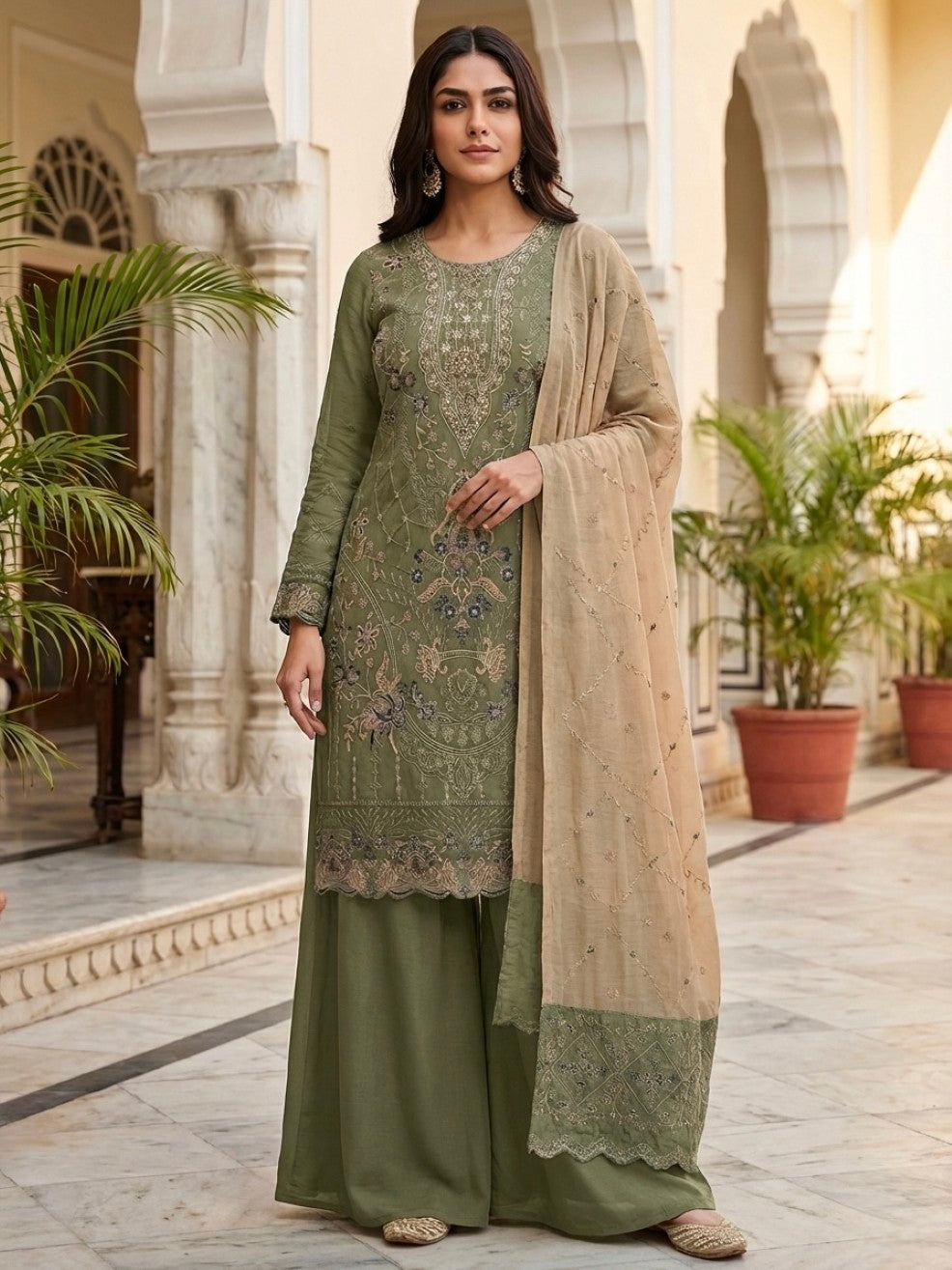 Anaita Mehendi Silk Suit with Embroidery & Khatli Work