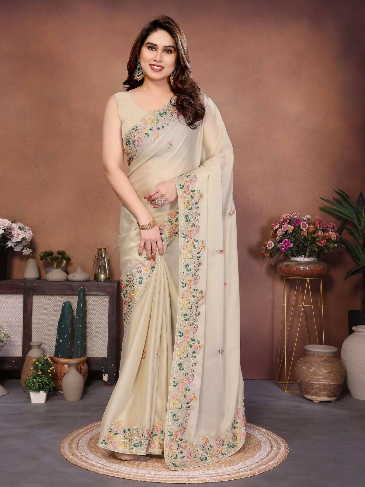 Teeya Creation New Trendy Party Wear Soft Silk Saree-Cream
