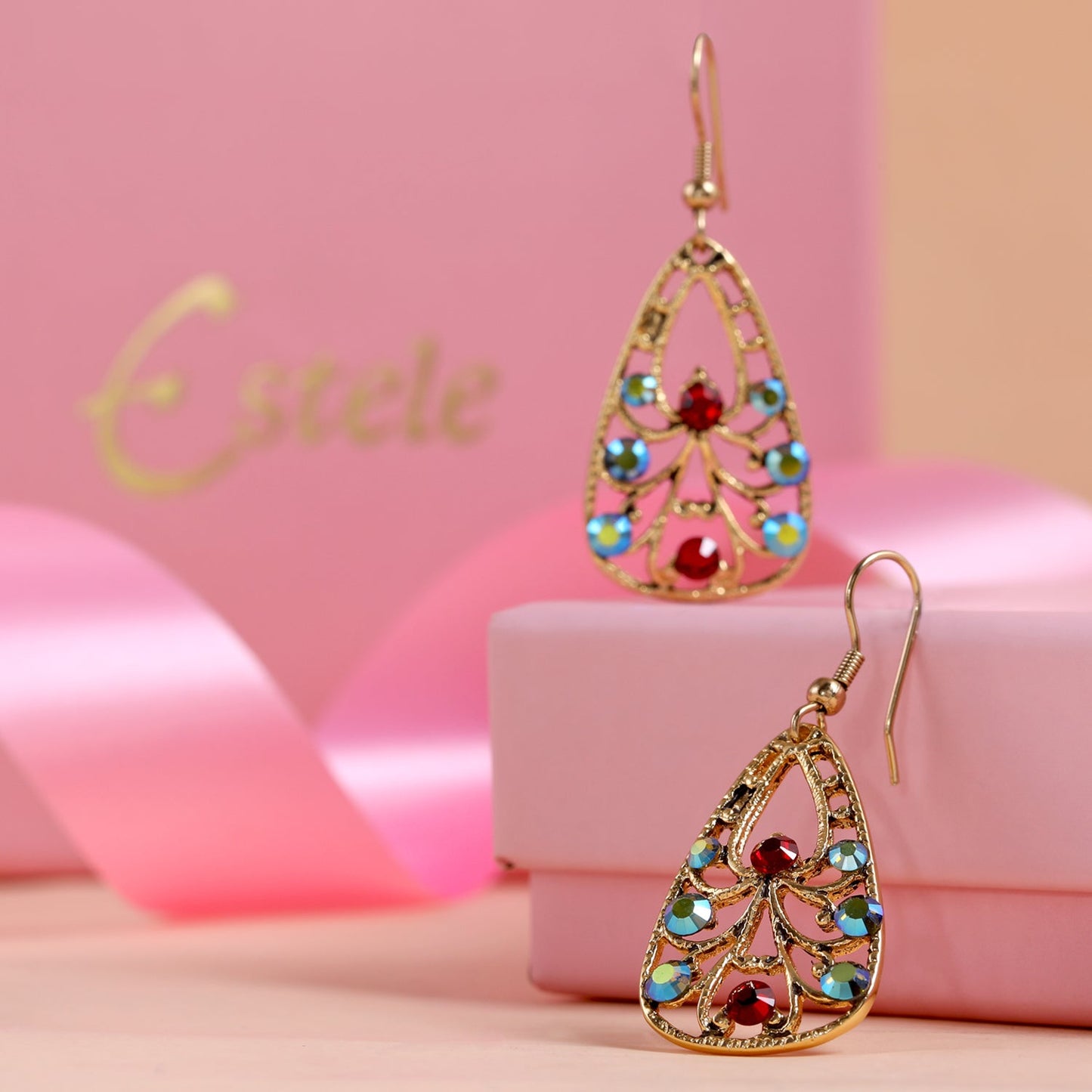 Gold Plated Multi Color Swiss Crystal Drop Earrings