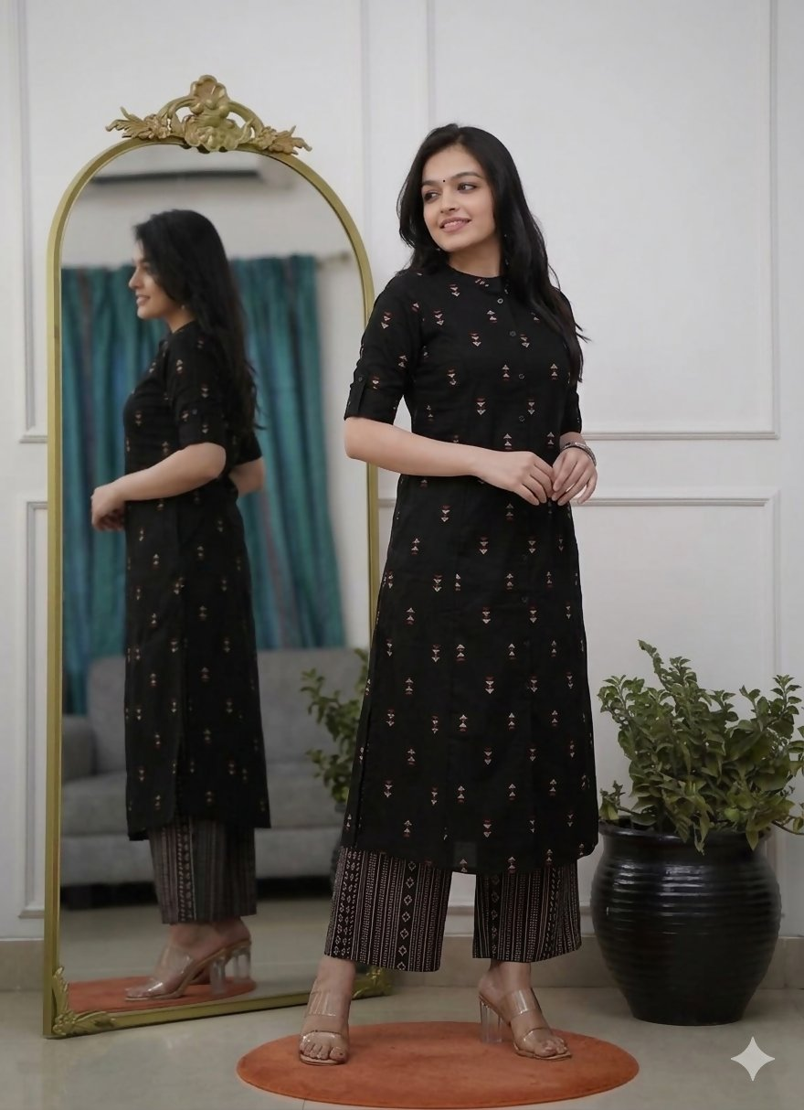 Teeya Creation Classic Black Cotton Kurta Set With Subtle Embroidery And Printed Palazzos