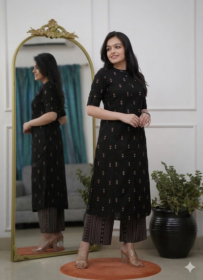 Teeya Creation Classic Black Cotton Kurta Set With Subtle Embroidery And Printed Palazzos