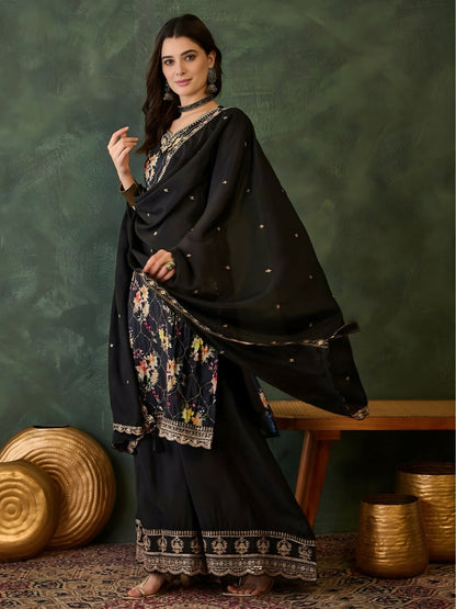 The52 Women's Gorgeous Embroidery Chinon Fabric Straight Kurta Palazzo and Dupatta Set-Black