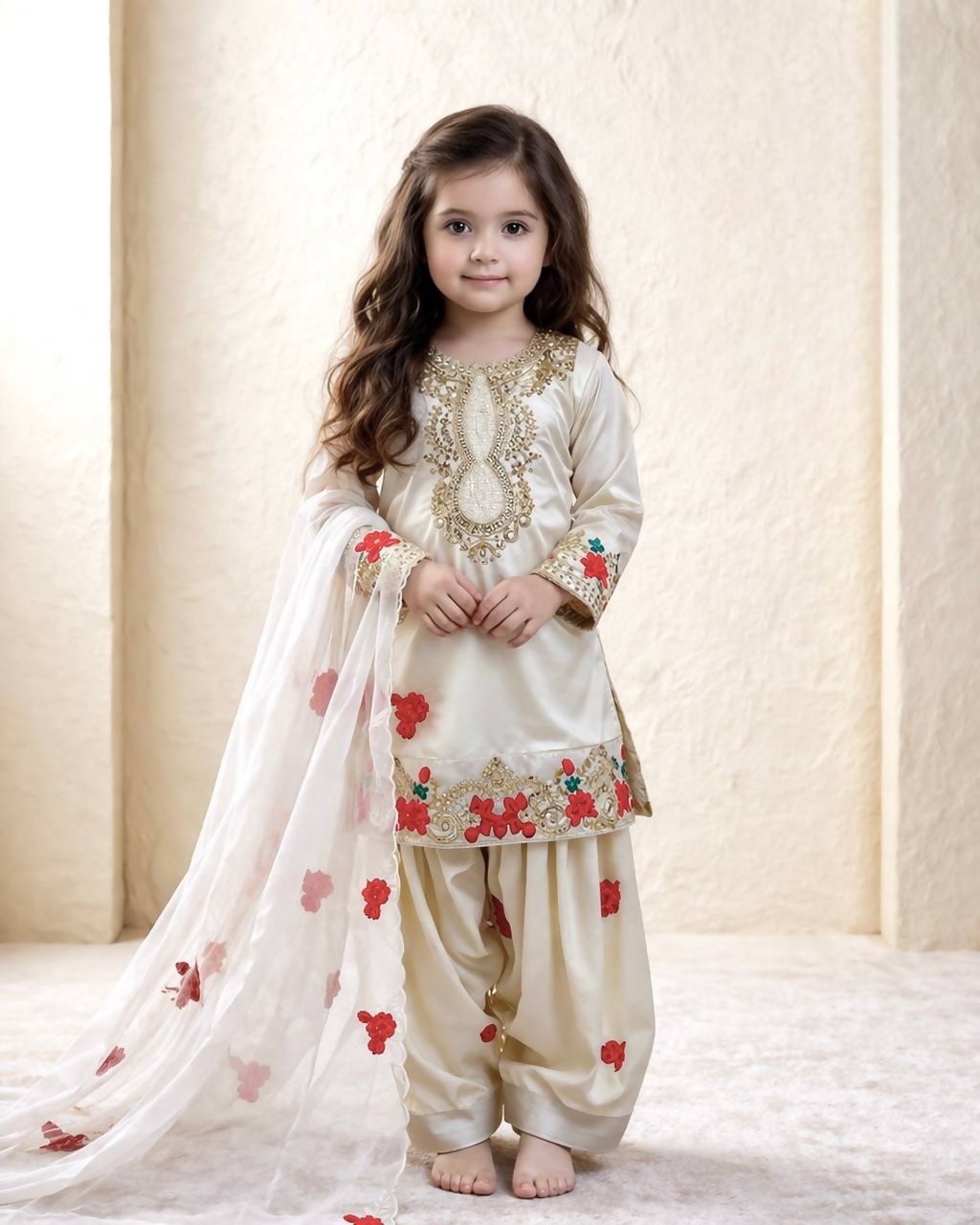 Teeya Creation New Kids Trendy Wedding Wear Traditional Kurta Salwar Set-Beige