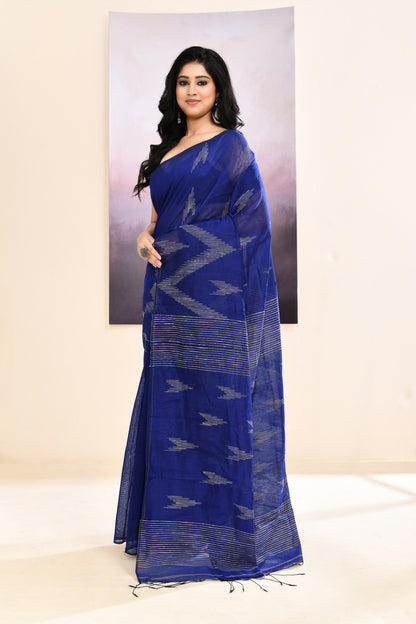 Piyari Fashion Women's Blue Embellished Cotton Blend Jamdani Saree