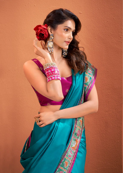Anaita Teal Soft Silk Zari Weaving Work Saree With Blouse