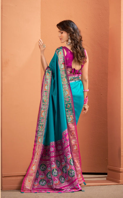 Anaita Teal Soft Silk Zari Weaving Work Saree With Blouse