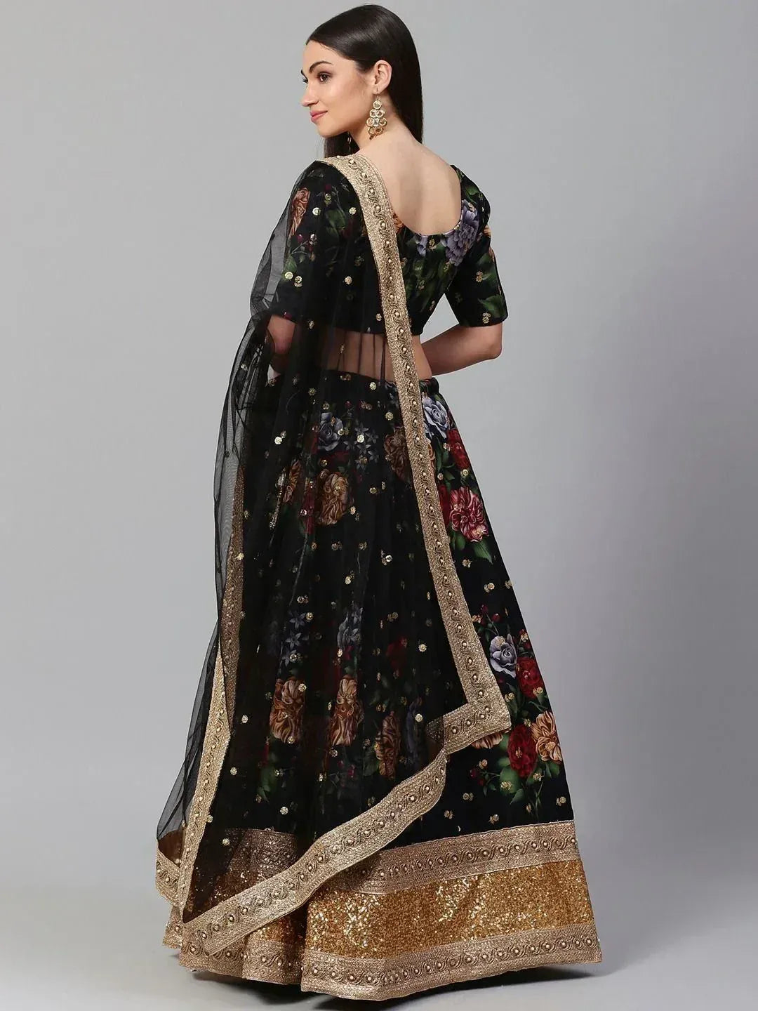 Tulsi Art Black & Grey Printed Semi-Stitched Myntra Lehenga & Unstitched Blouse With Dupatta