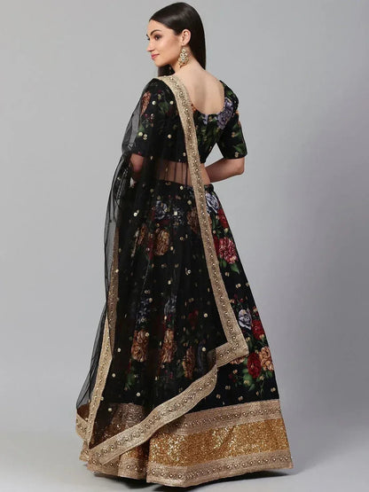 Tulsi Art Black & Grey Printed Semi-Stitched Myntra Lehenga & Unstitched Blouse With Dupatta