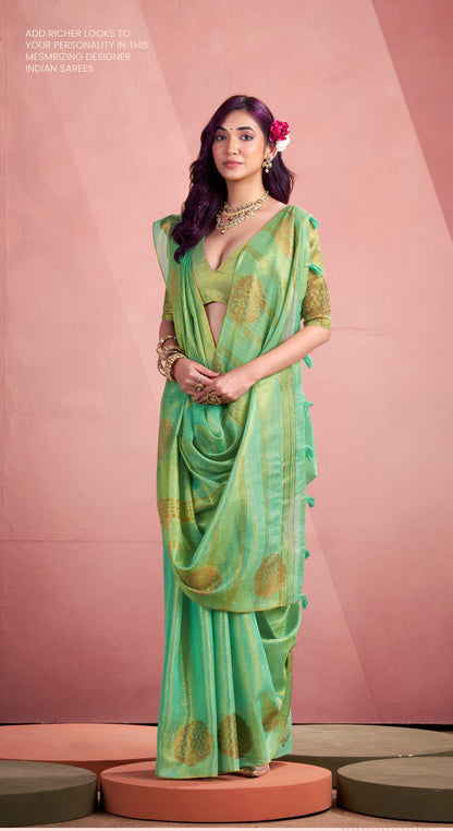 Anaita Sea Green Silk Tissue Zari Weaving Work Saree With Blouse Piece