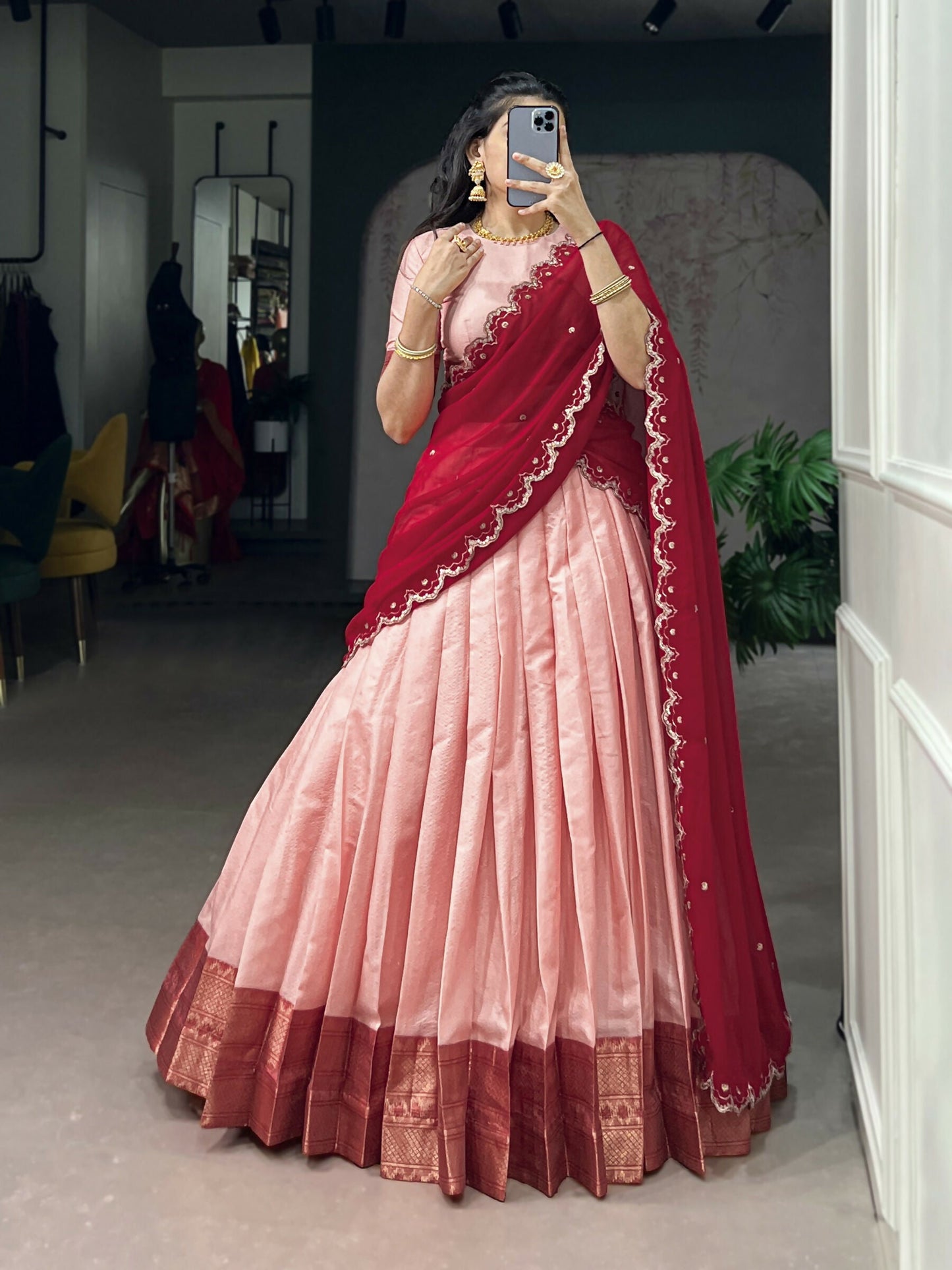 Lorenvalley Fashion Peach Cotton Silk Zari Weaving Work Lehenga Choli with Dupatta