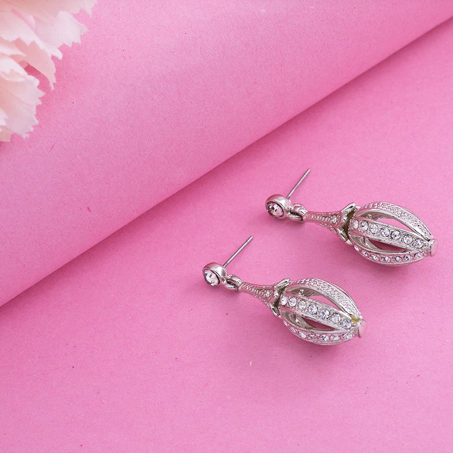Estele Rhodium Plated Faberge Drop Earrings with White Austrian Crystals for Girls & Women