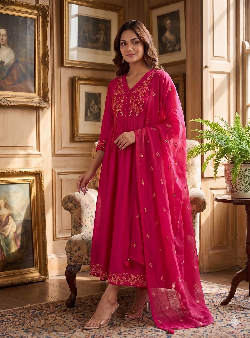 Teeya Creation Elegant Hot Pink Flared Anarkali Kurti And Dupatta Set For Women