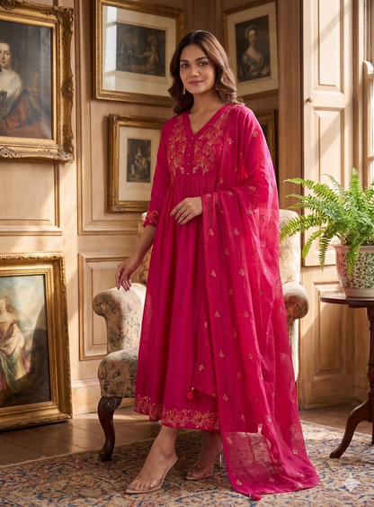 Teeya Creation Elegant Hot Pink Flared Anarkali Kurti And Dupatta Set For Women