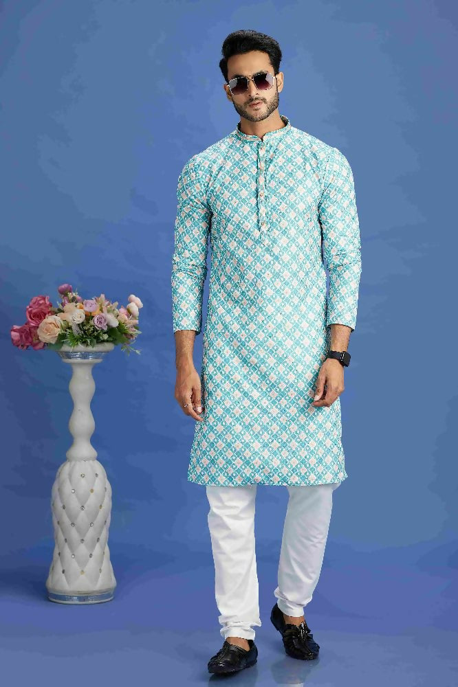 Raivat Ethnic Cotton Embroidery Kurta Pajama In Teal Green Colour