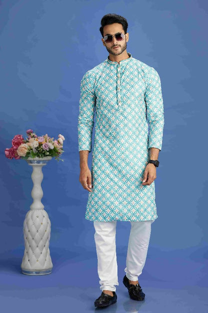 Raivat Ethnic Cotton Embroidery Kurta Pajama In Teal Green Colour