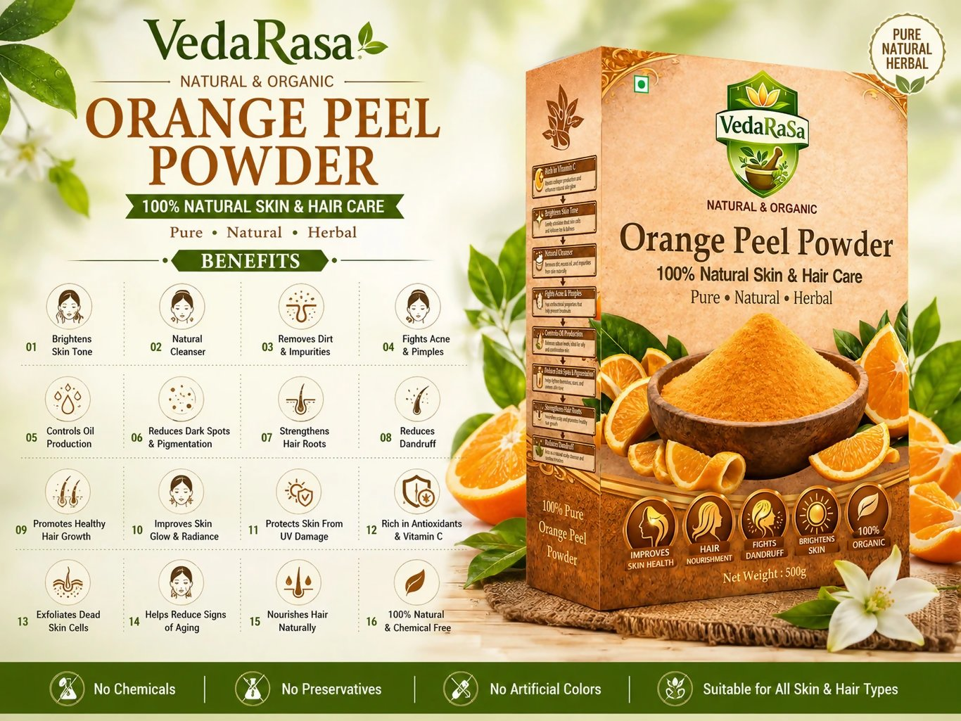 VedaRasa Organic Orange Peel Powder For Face Mask, Skin Care & Natural Glow