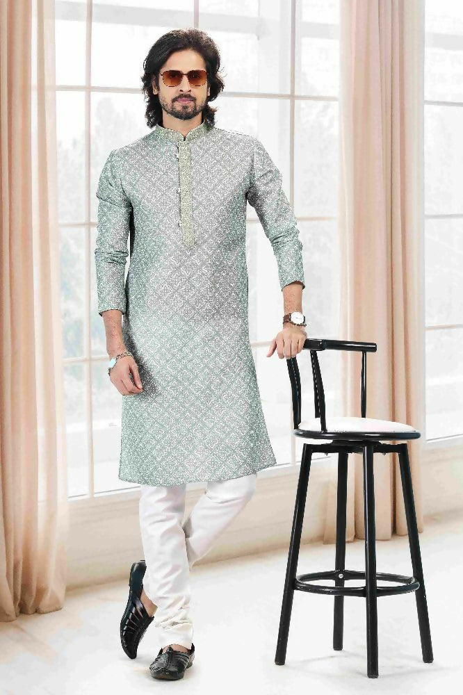 Raivat Ethnic Cotton Thread Work Kurta Pajama In Light Green Colour