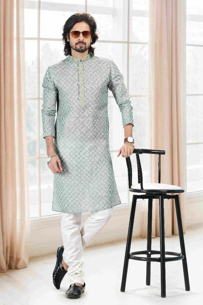 Raivat Ethnic Cotton Thread Work Kurta Pajama In Light Green Colour