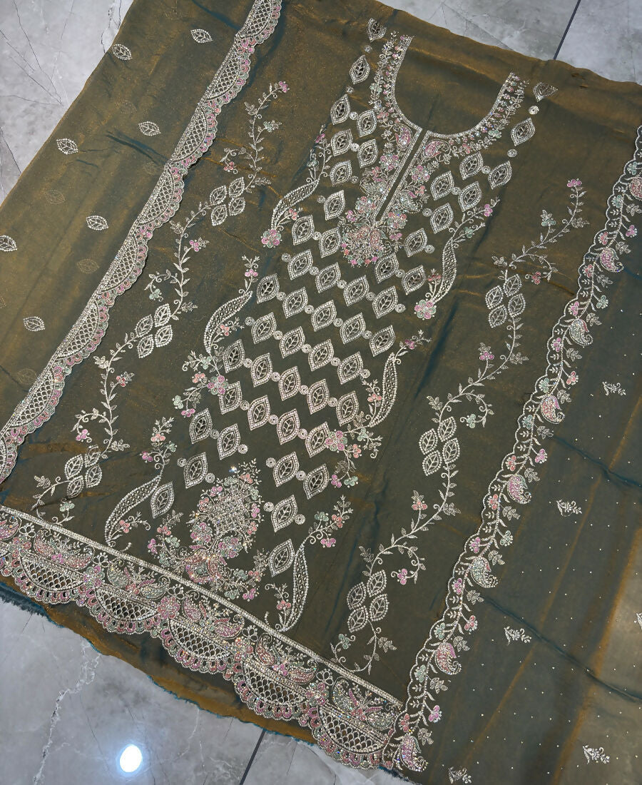 KC Heavy Embroidery Worked Two Ton Moss Silk Grey Suit For Women