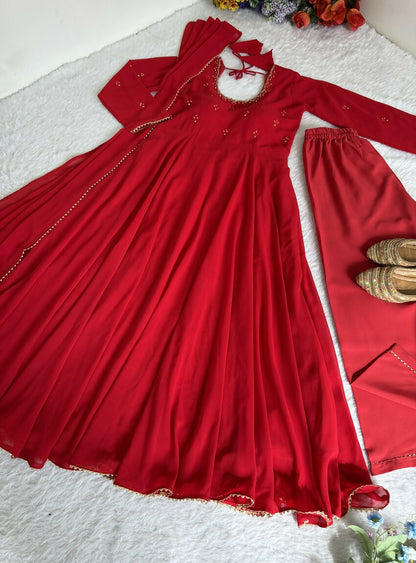 Teeya Creation New Trendy Party Wear Look Gerorrget Gown With Pant Dupatta Set - Red