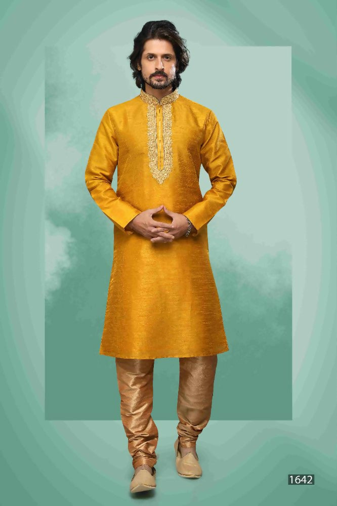 Raivat Ethnic Art Silk Mirror Embroidery Work Kurta Pajama In Mustard Colour