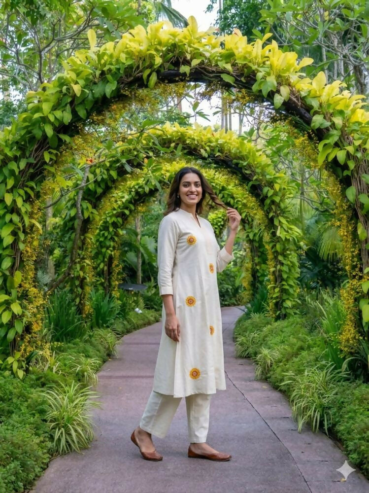 Teeya Creation New Latest Women Off-White & Yellow Embroidered Cotton A-Line Kurta with Trousers