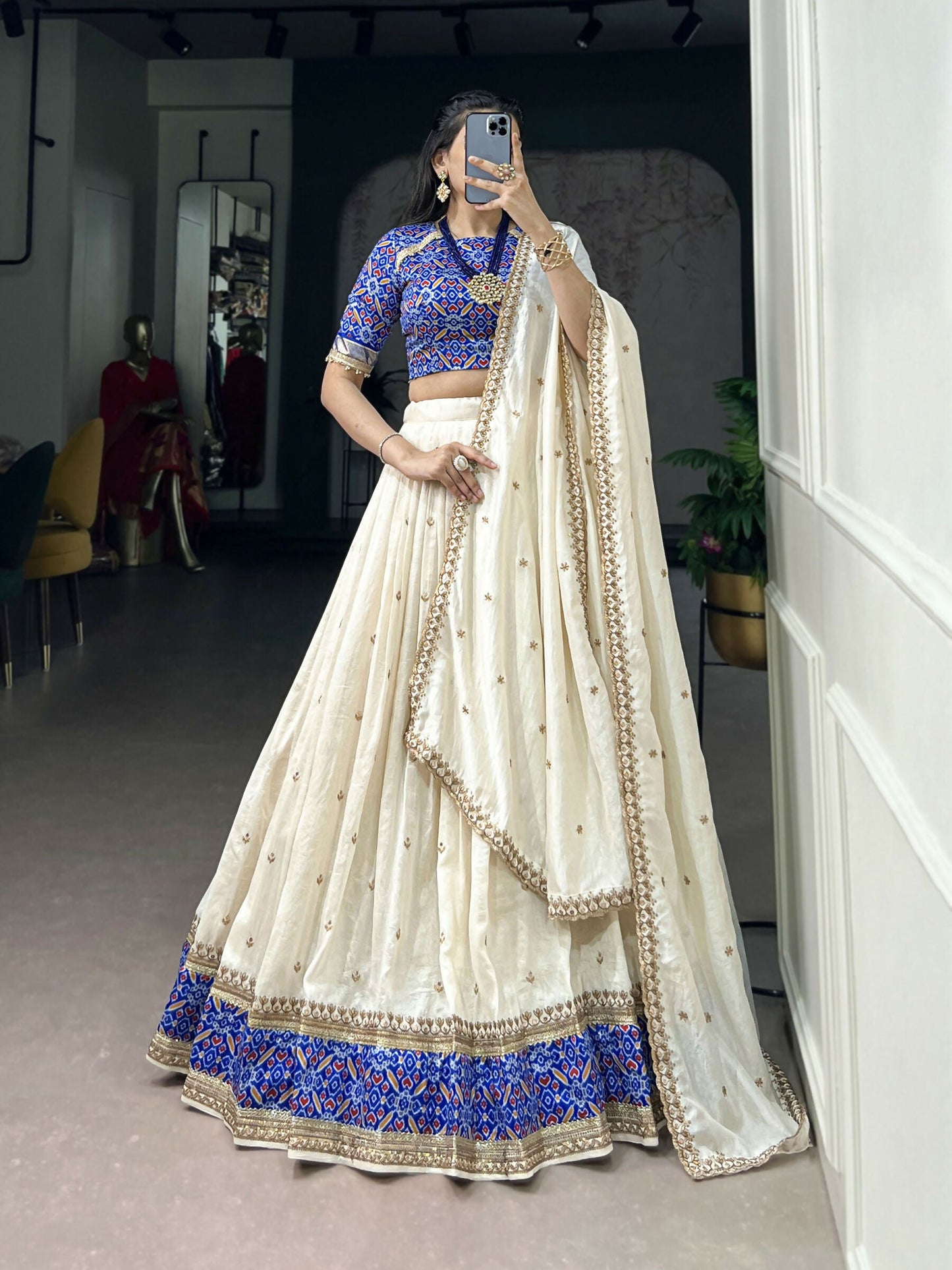 Lorenvalley Fashion White Vichitra Silk Sequins and Thread Embroidery Work Lehenga Choli with Dupatta