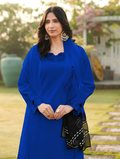 Nikhaar Royal Blue Embroidered Art Silk Stitched Straight Cut Kurta Palazzo Dupatta Readymade Suit
