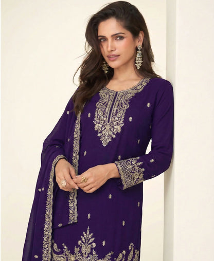 KC Purple Georgette Heavy Embroidered Fancy Suit For Women