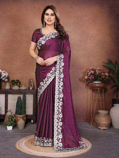 Teeya Creation New Trendy Stylish Party Wear Silk Saree-Wine