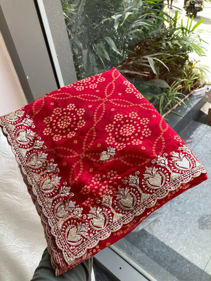Teeya Creation New Trendy Leheriya Bandhani Georgette Saree For Daily Wear -Red