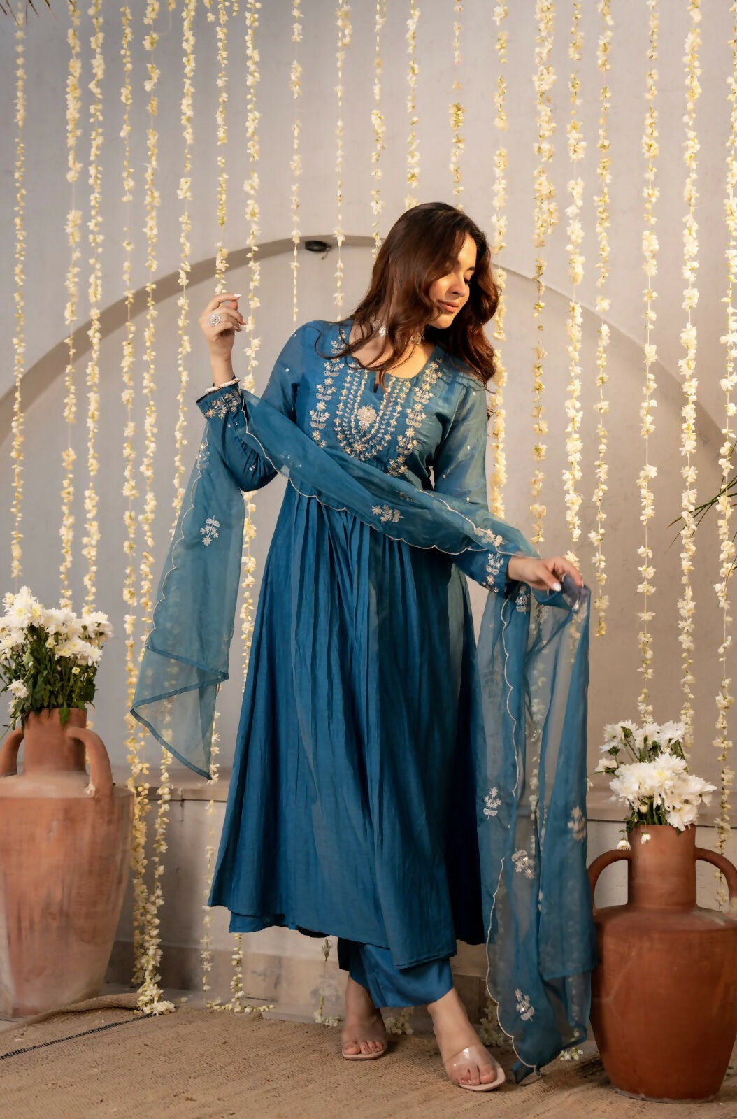 The52 Women's Beautiful Embroidery Work Chanderi Silk Fabric Flared Kurta Pant and Dupatta Set-Rama