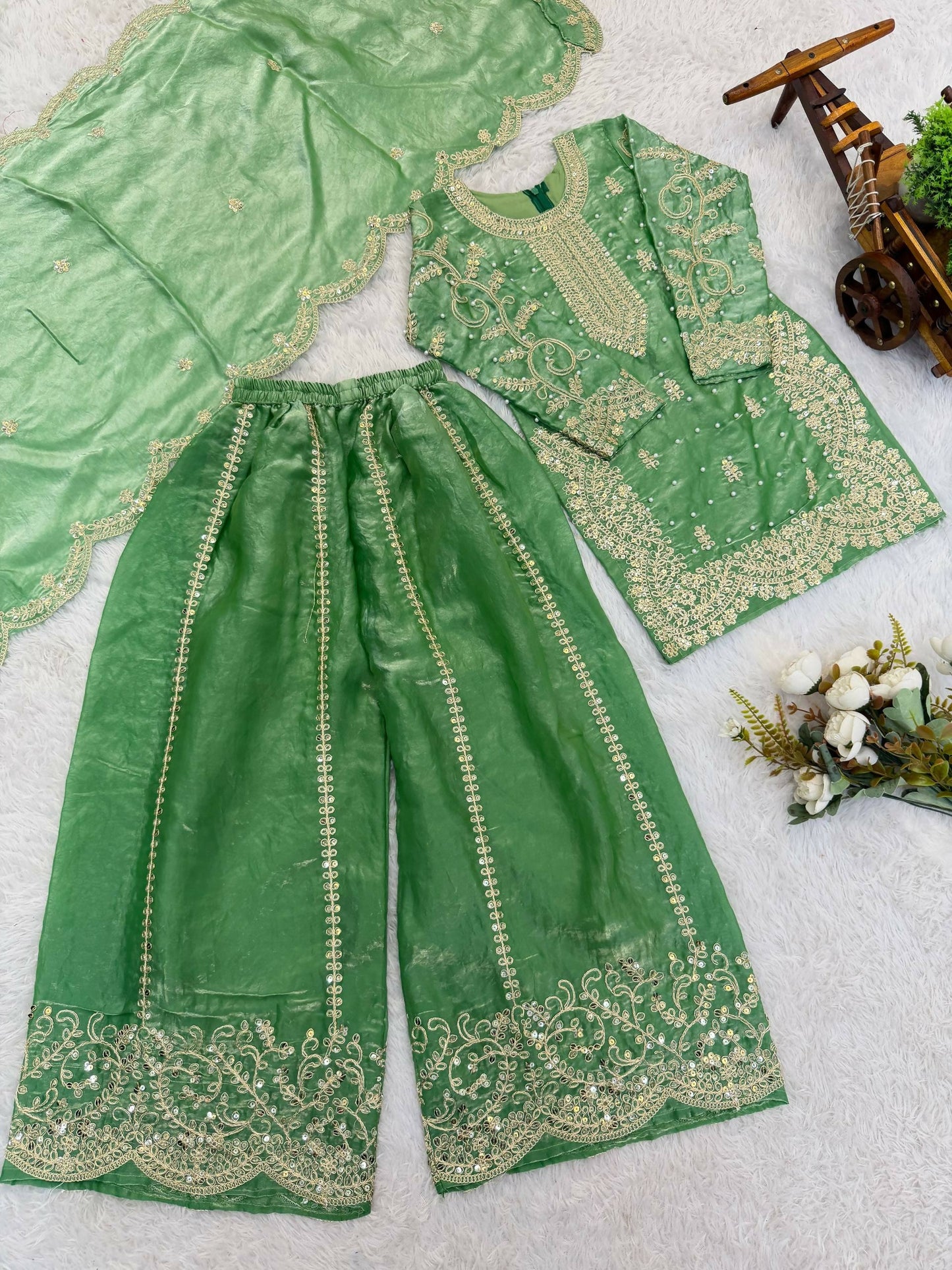 Teeya Creation New Trendy Fully Stitched Ready to Wear Kids Kurta Palazzo Set-Green