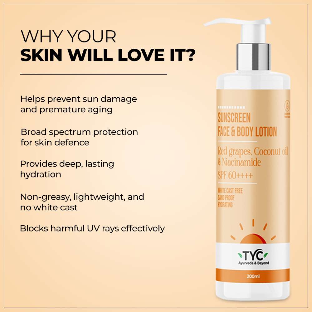 TYC Sunscreen Face & Body Lotion - Red Grapes, Coconut Oil & Niacinamide | SPF 60++++