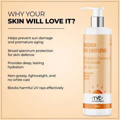 TYC Sunscreen Face & Body Lotion - Red Grapes, Coconut Oil & Niacinamide | SPF 60++++