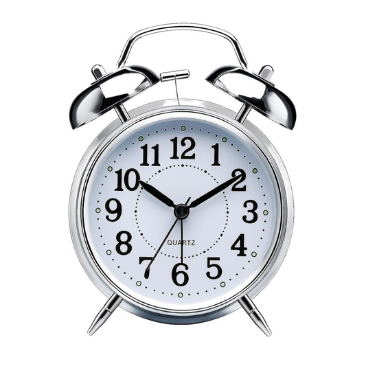 Retro Twin Bell Table Alarm Clock – Metal Frame, Night Backlight, Silent Movement, High-Volume Alarm for Heavy Sleepers, Bedroom, Office, Living Room, Home Décor (Silver)