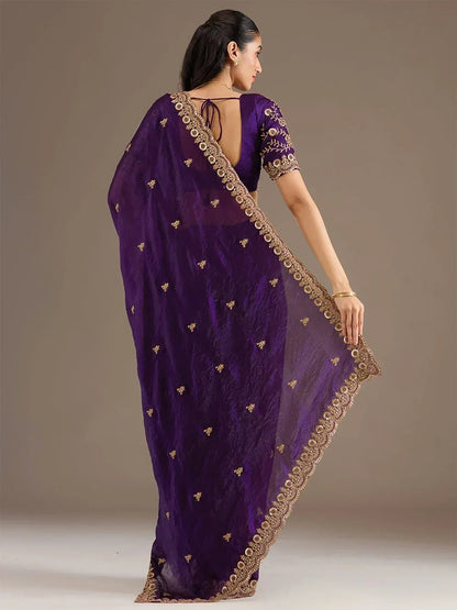 Tulsi Art Beautiful Purple Zari Embroidered Silk Party Wear Saree With Blouse