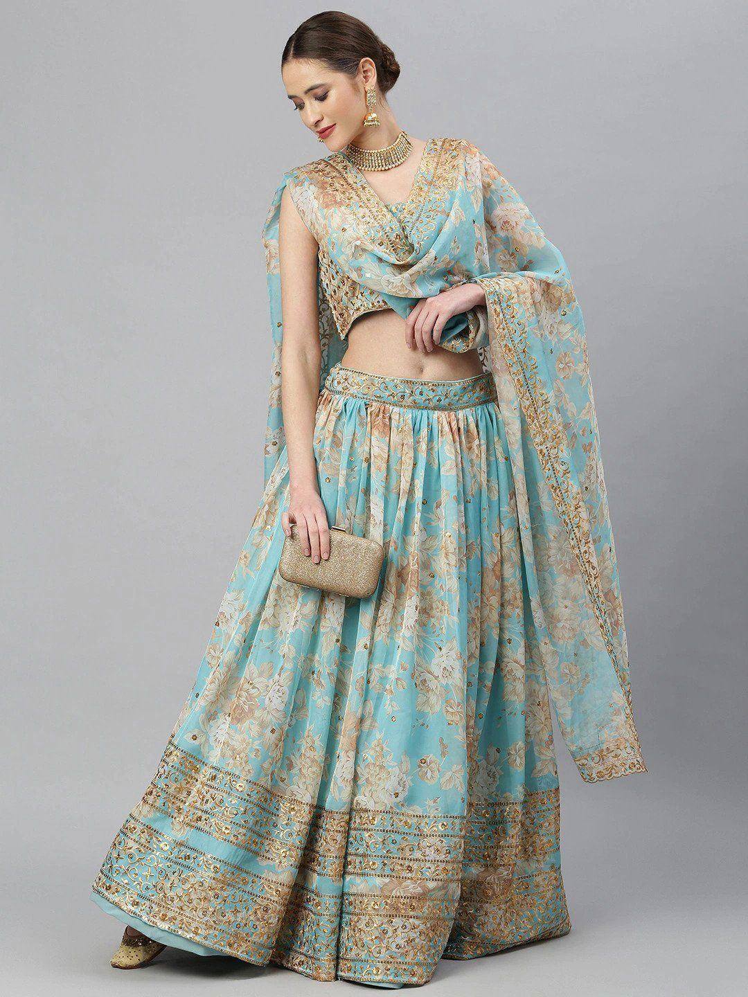 Tulsi Art Blue & Peach-Coloured Embellished Sequin Myntra Lehenga & Unstitched Blouse