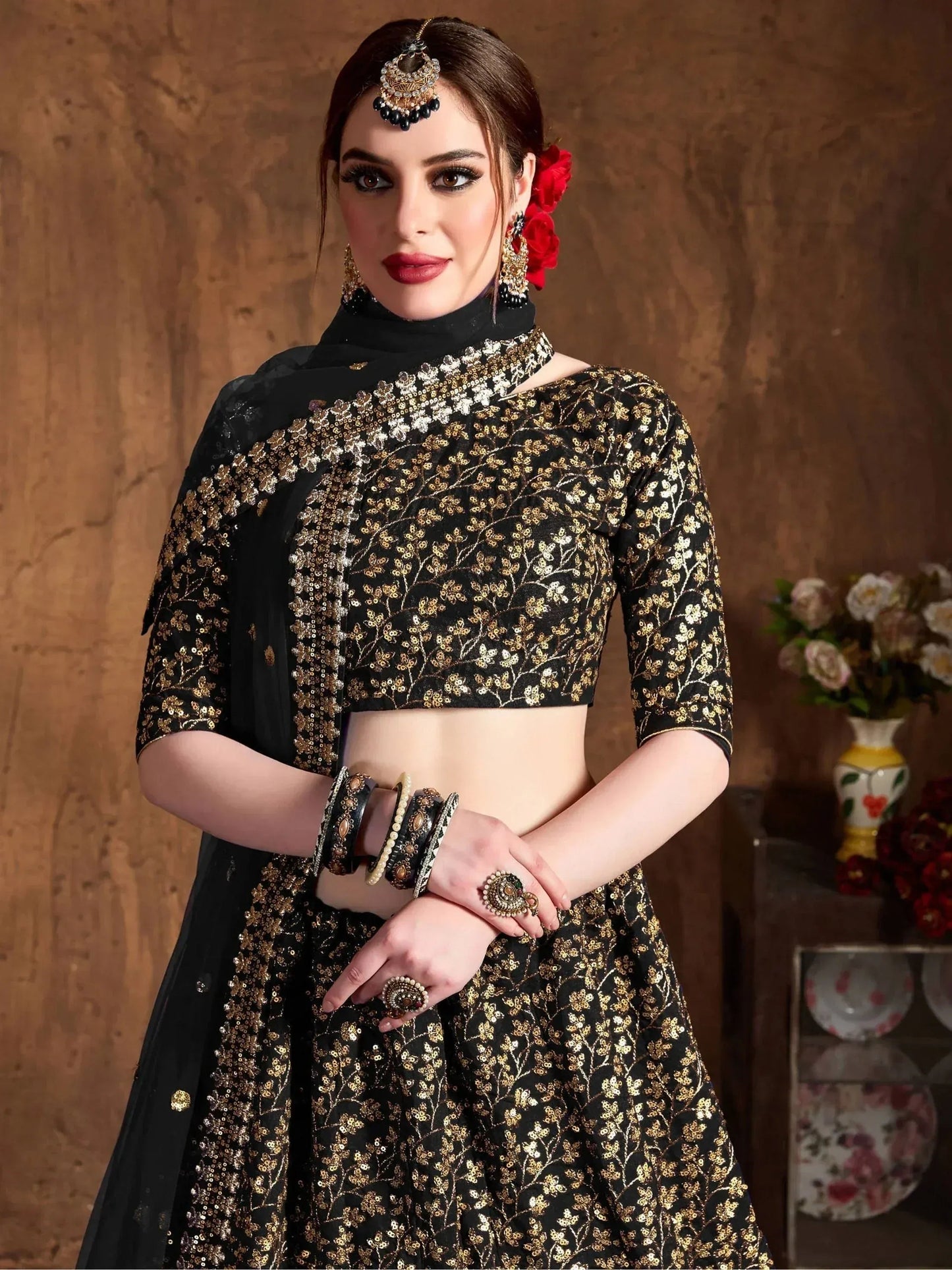 Tulsi Art Black Zari Embroidery Raw Silk Wedding Lehenga Choli With Dupatta