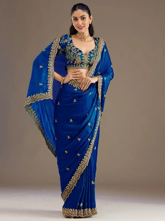 Tulsi Art Dazzling Blue Embroidered Silk Festive Wear Saree With Blouse