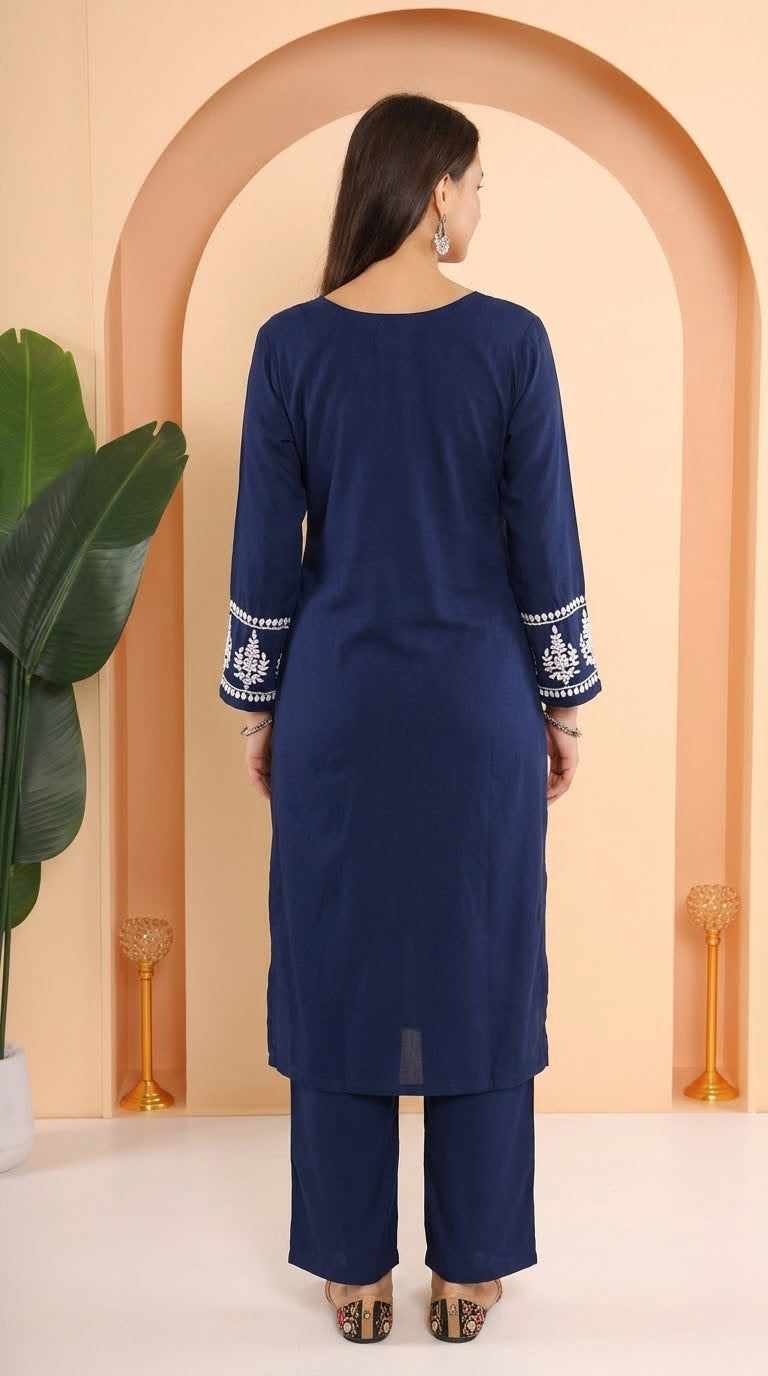 Gharana India Ishq Luxury Rayon 2Pc Navy Blue Chikankari Kurta Set