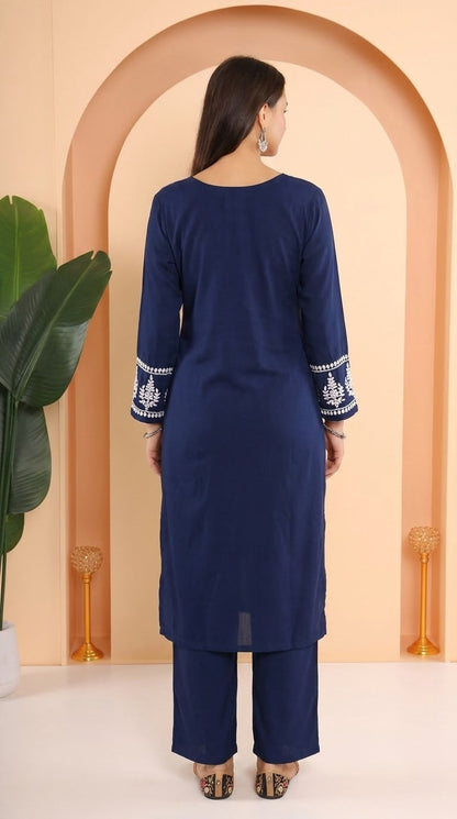 Gharana India Ishq Luxury Rayon 2Pc Navy Blue Chikankari Kurta Set
