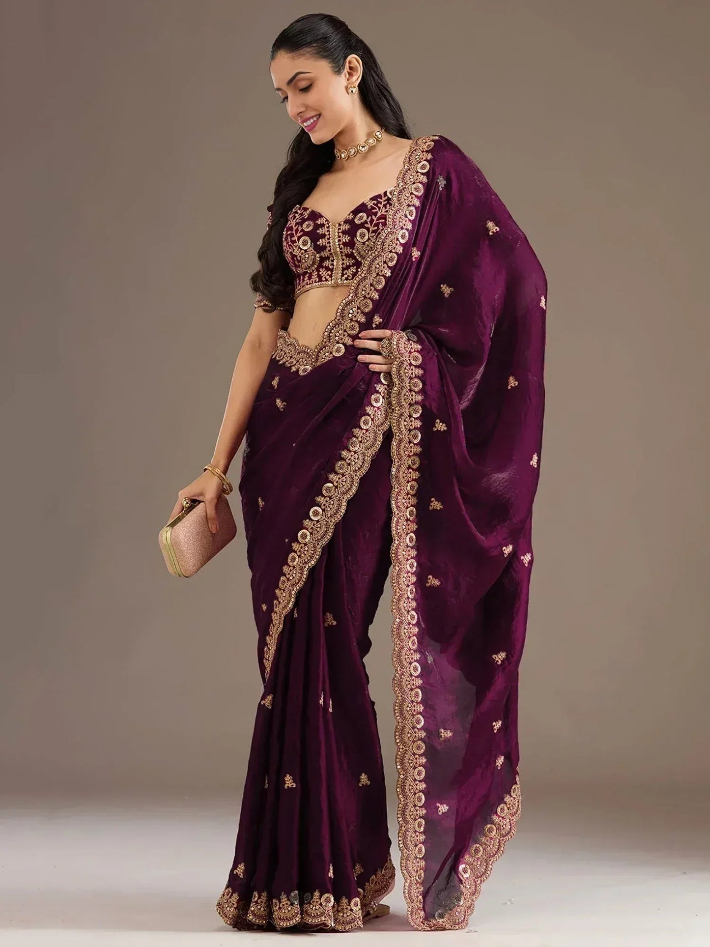 Tulsi Art Stunning Wine Embroidered Silk Reception Wear Saree With Blouse