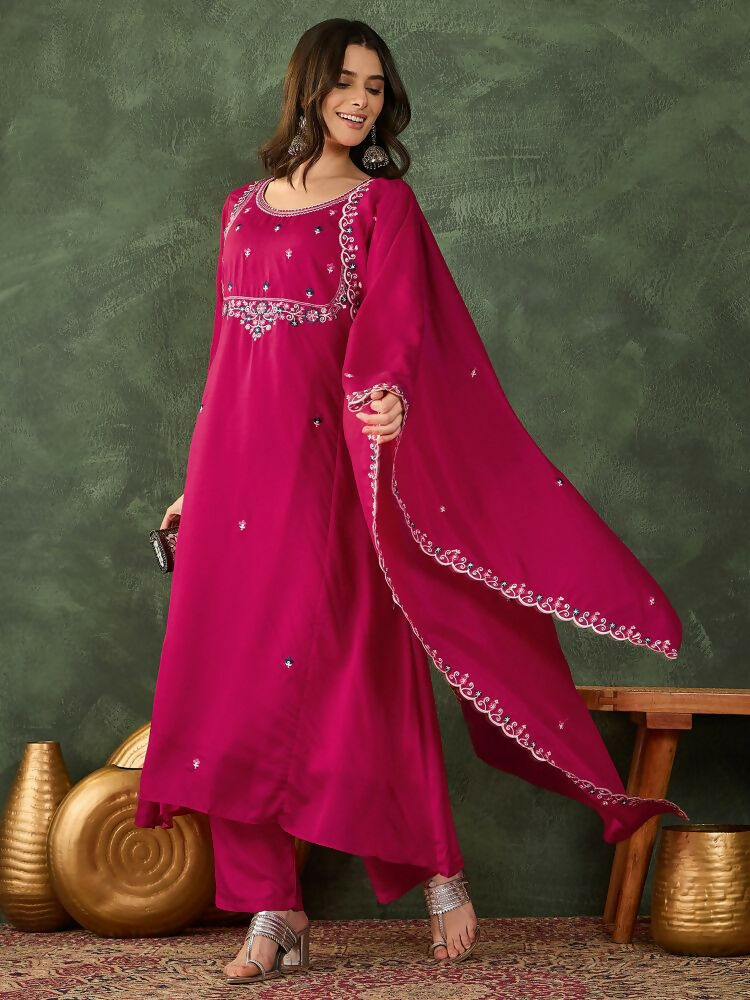The52 Women's Gorgeous Embroidery Work Vichitra SIlk Fabric Flared Kurta Pant and Dupatta Set