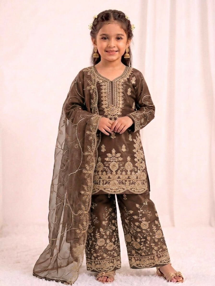 Teeya Creation Girls Heavy Embroidery Brown Ethnic Kurta And Palazzo Set With Net Dupatta