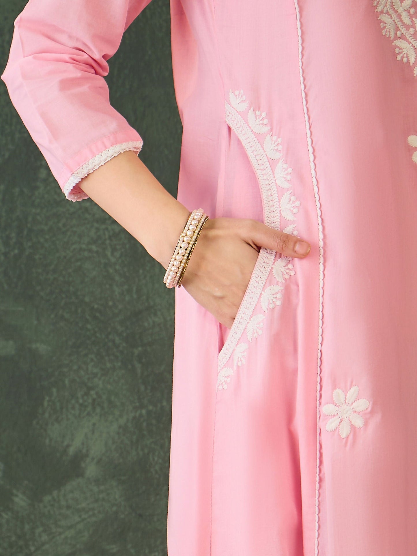 The52 Women's Beautiful Thread Work Cotton satin Fabric Flared Kurta Pant and Dupatta Set-Peach
