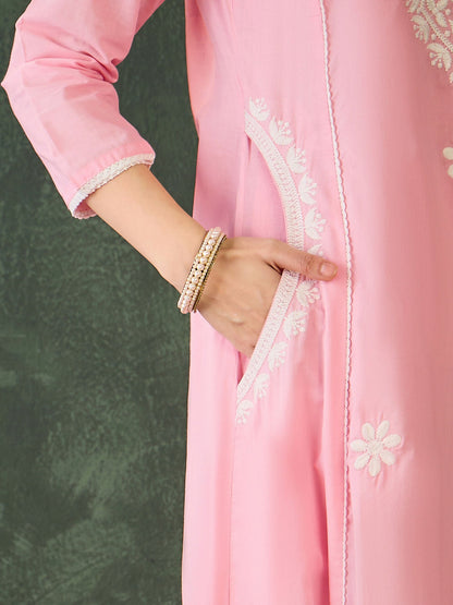 The52 Women's Beautiful Thread Work Cotton satin Fabric Flared Kurta Pant and Dupatta Set-Peach