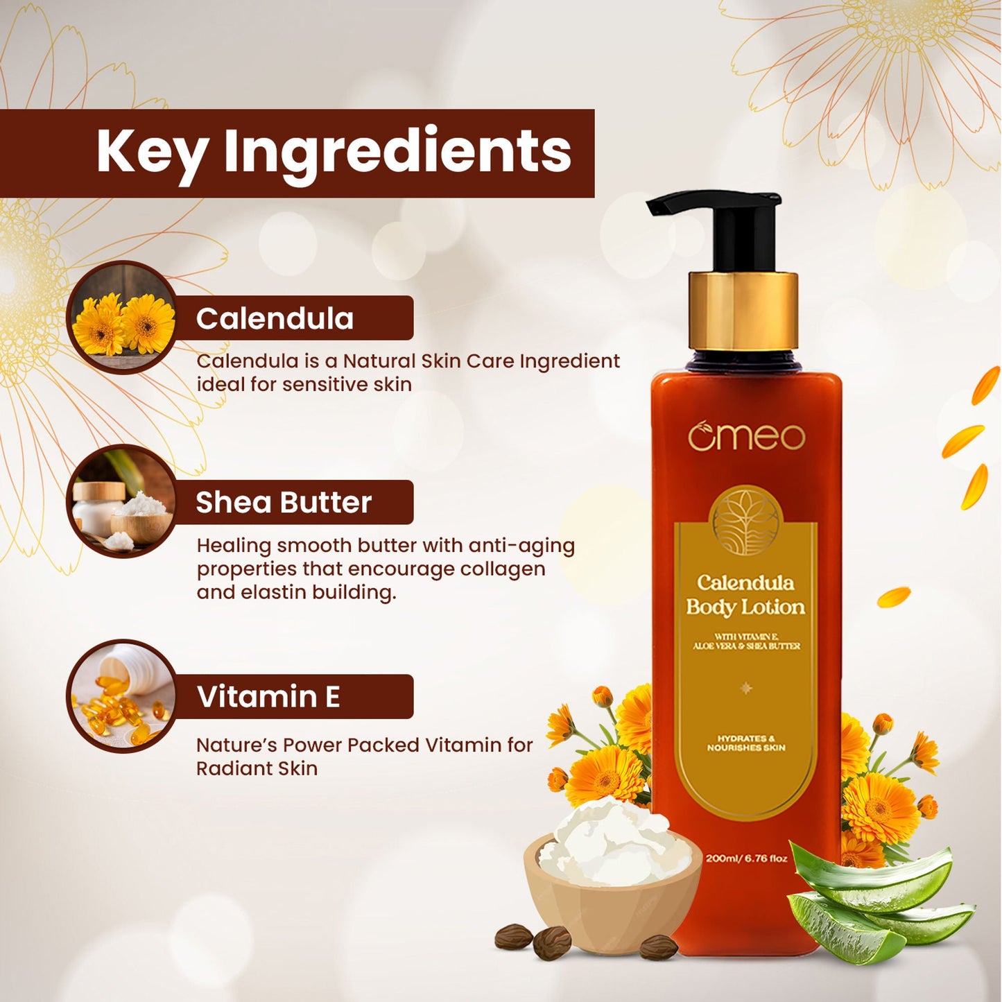 Omeo Calendula Body Lotion with Vitamin E, Aloe Vera & Shea Butter