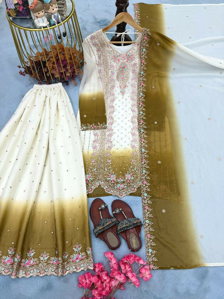 Teeya Creation New Trending Heavy Dual Tone Peding Star Georgette Mehendi Kurta Set