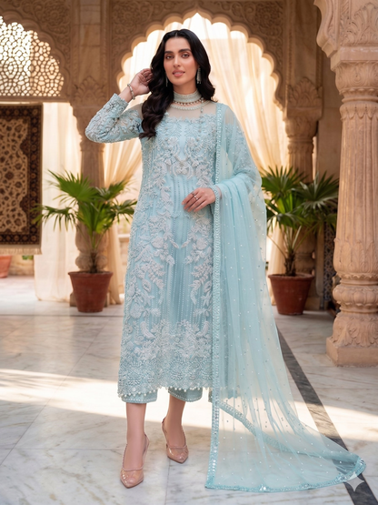 Teeya Creation Womens New Soft Net With Heavy Embroiedery With Sequence Work Sky-Blue Kurta Set